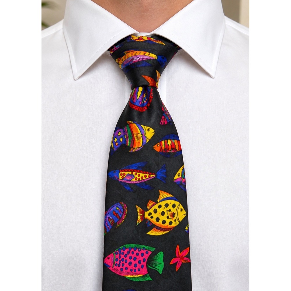Vintage 100% Silk Tropical Fish Novelty Tie – Handmade in Korea Electric grandpa